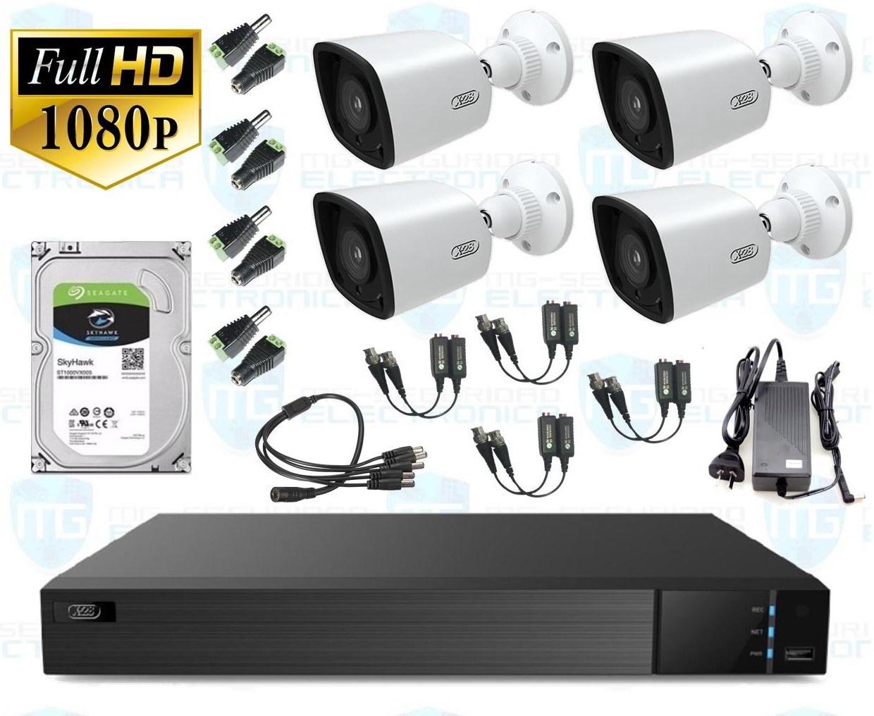 DVR, Disco 1 TB, 4 Cámaras bullet, balunes, fuente centralizada y conectores.